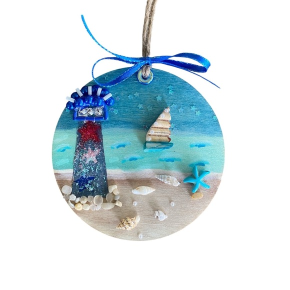 Coastal Lighthouse Holiday Ornament - Blue and Red - Picture 9 of 12